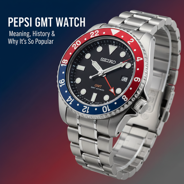 Pepsi GMT watch featuring iconic red and blue ceramic bezel demonstrating the legendary two-tone colorway that defined GMT watch design since 1955